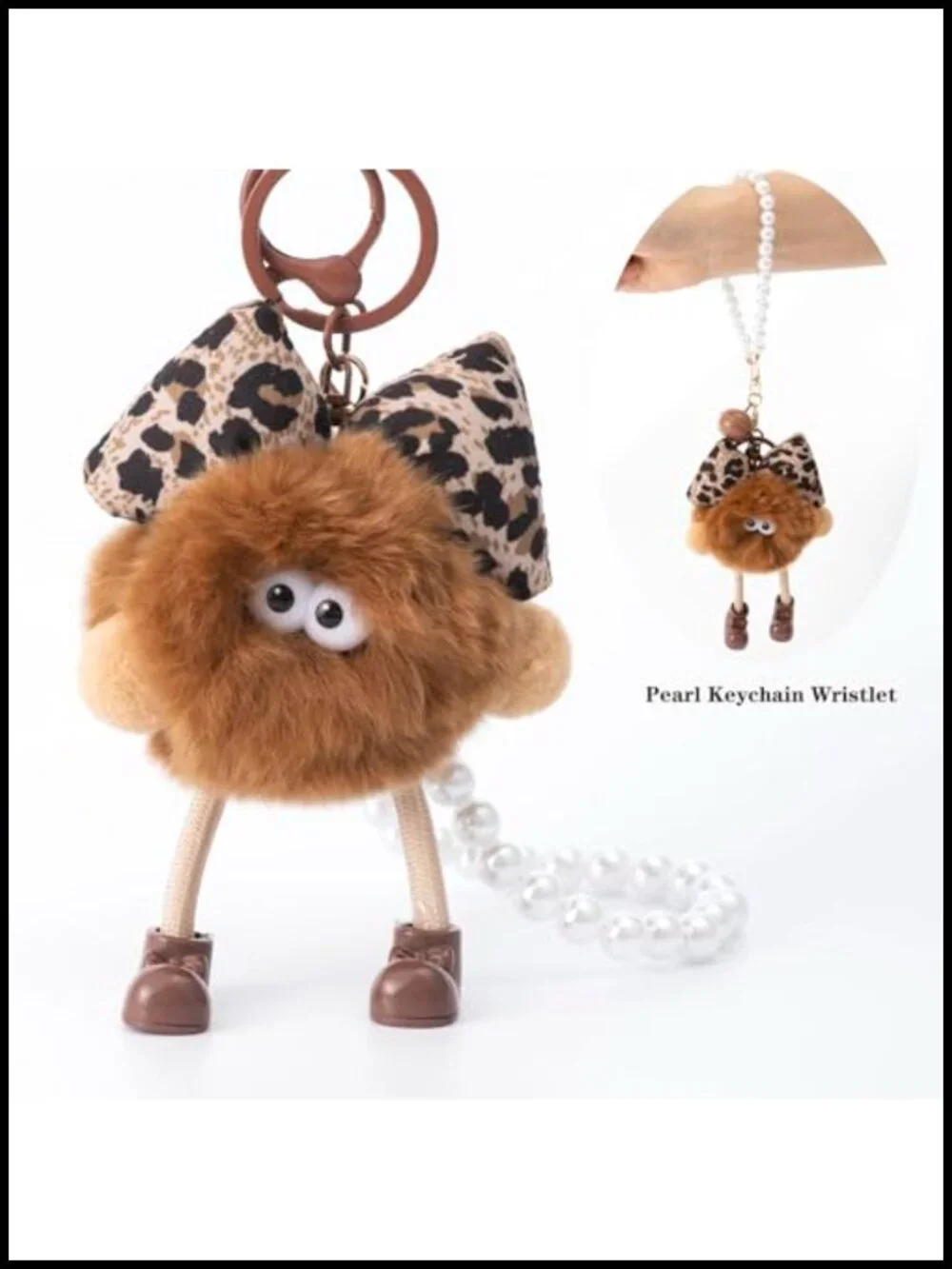 Kawaii Plush Keychains for Women, Leopard Bow Pom Pom Bag Charms with Pearl